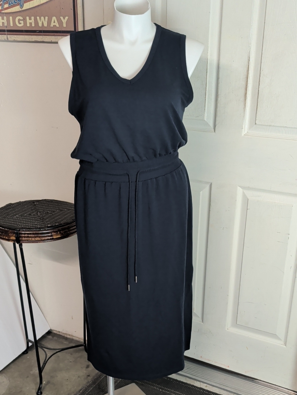 Evereve Kiara Sleeveless Midi Dress Navy Blue Drawstring Waist XL New X-Large